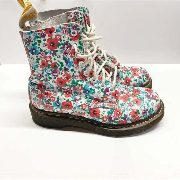 Dr. Martens 1460 Pascal White Wild Poppy Floral Lace Up Boots - Picture 1 of 6